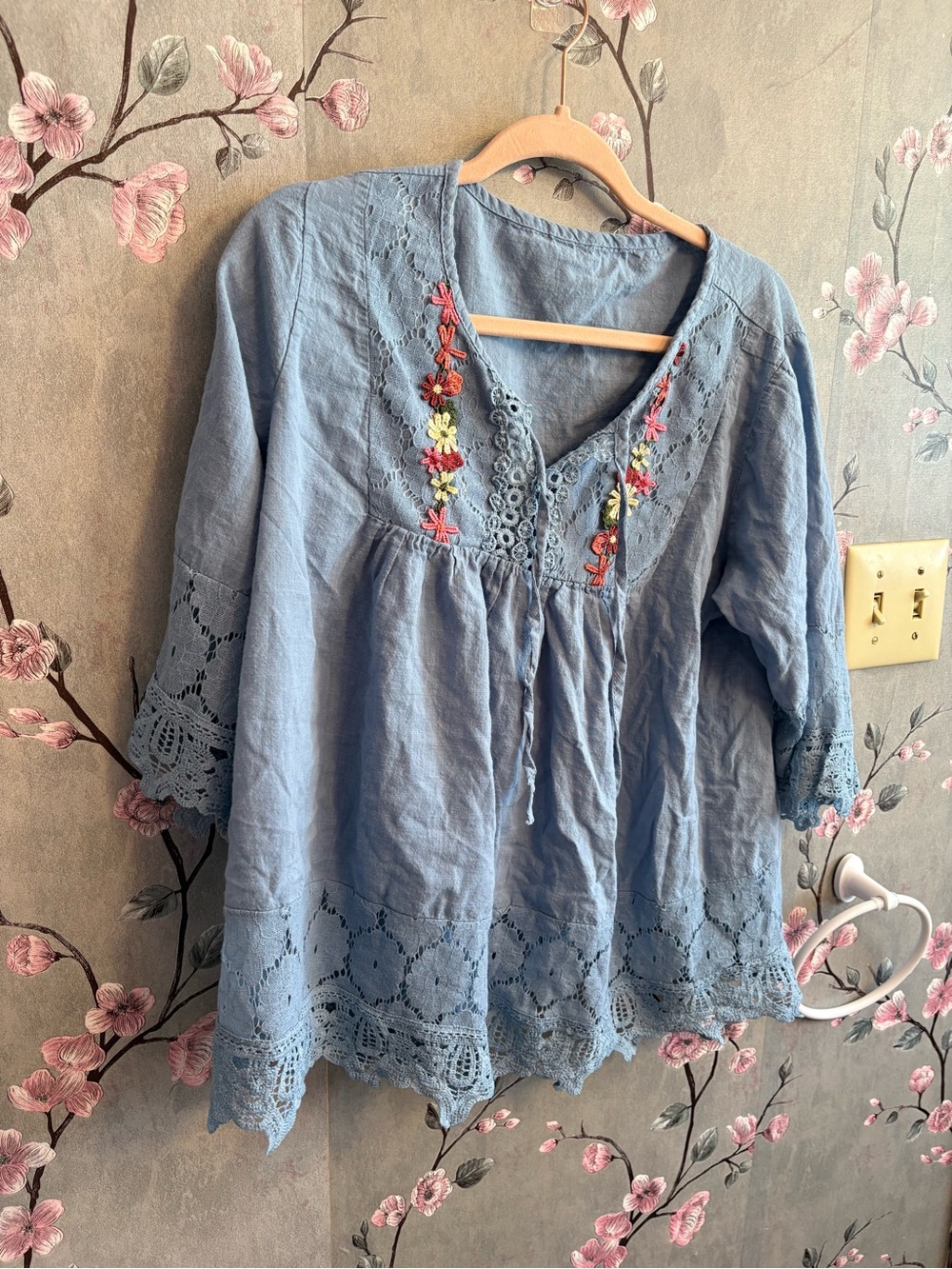 Boho Embroidered Light Blue Peasant Top